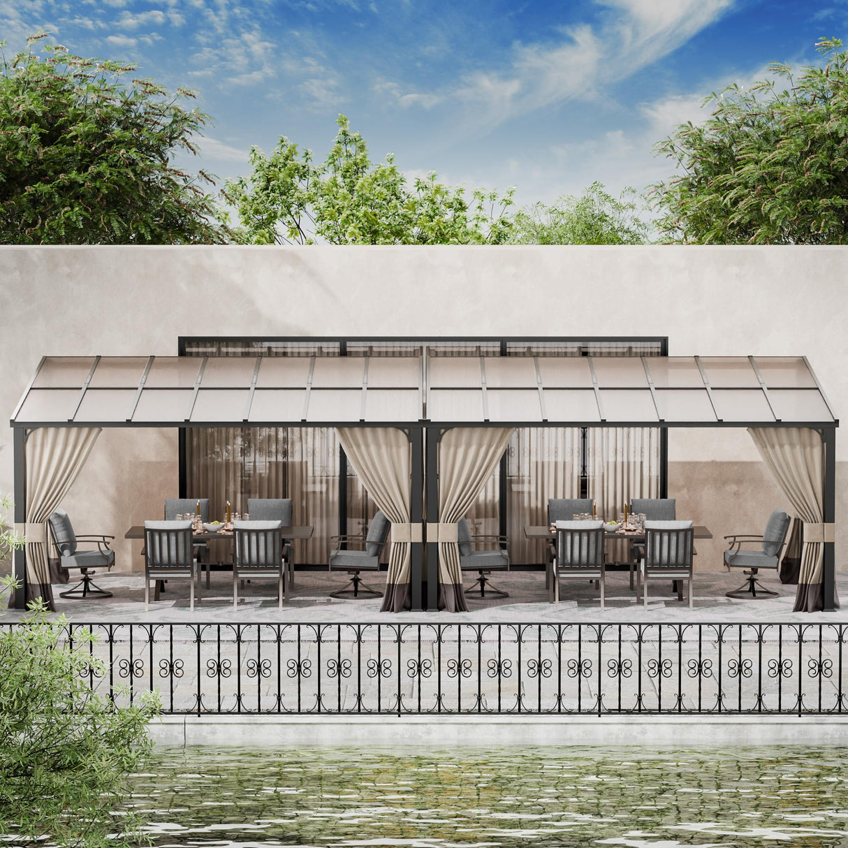 RTDTD 10' x 28' Gazebo，Hard Top Lean to Gazebo Wall Mount Heavy Hardtop Gazebos Outdoor Pergola with Curtains and Netting for Patio Garden Lawn Backyard Deck (Brown) RTDTD