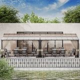 RTDTD 10' x 28' Gazebo，Hard Top Lean to Gazebo Wall Mount Heavy Hardtop Gazebos Outdoor Pergola with Curtains and Netting for Patio Garden Lawn Backyard Deck (Brown) RTDTD