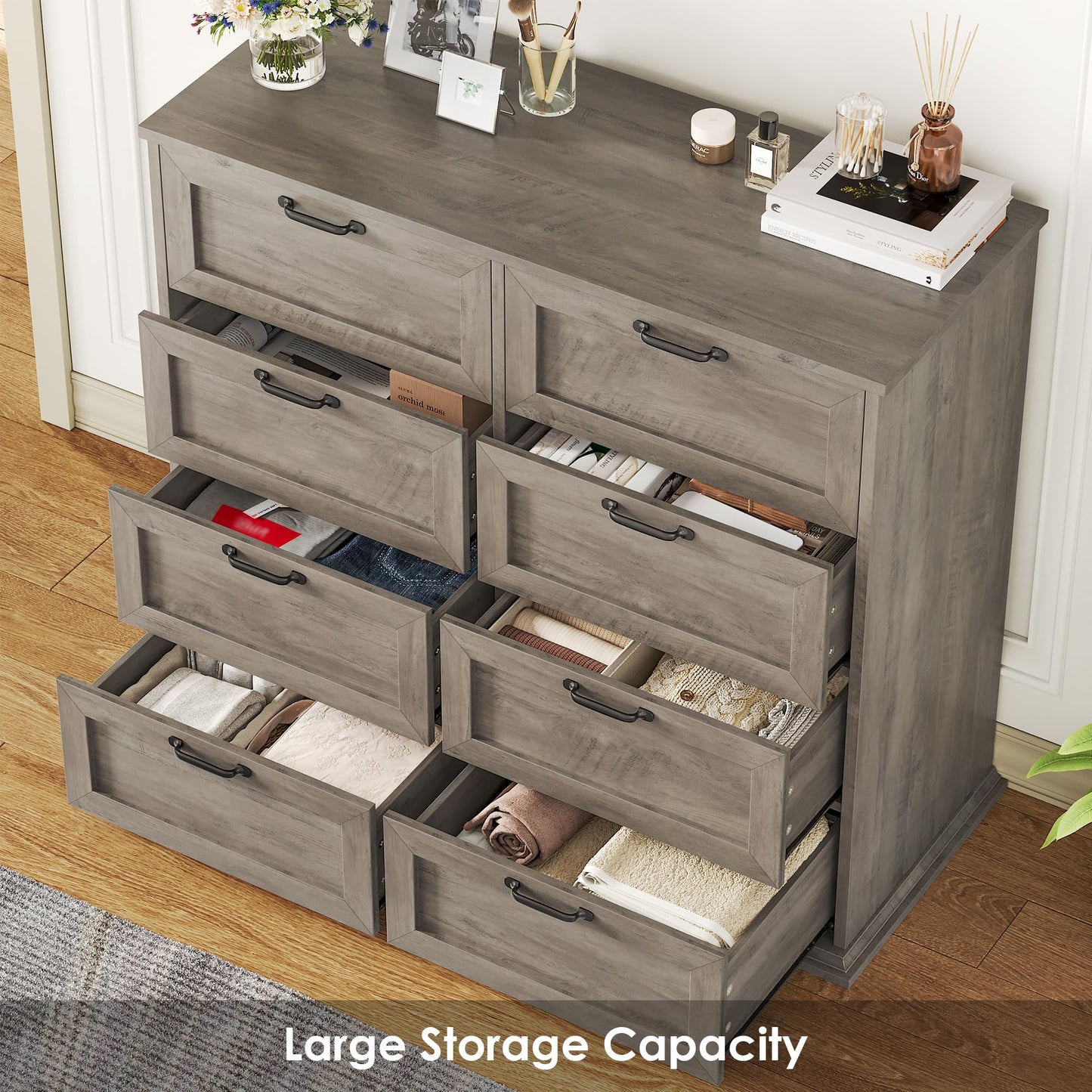 BOTLOG Dresser for Bedroom Wooden, Farmhouse Grey Wood Dresser with 8 Drawers, Chest of Drawers for Bedroom Large Capacity Closet Dresser, Hallway, Entryway, Ash Grey - WoodArtSupply