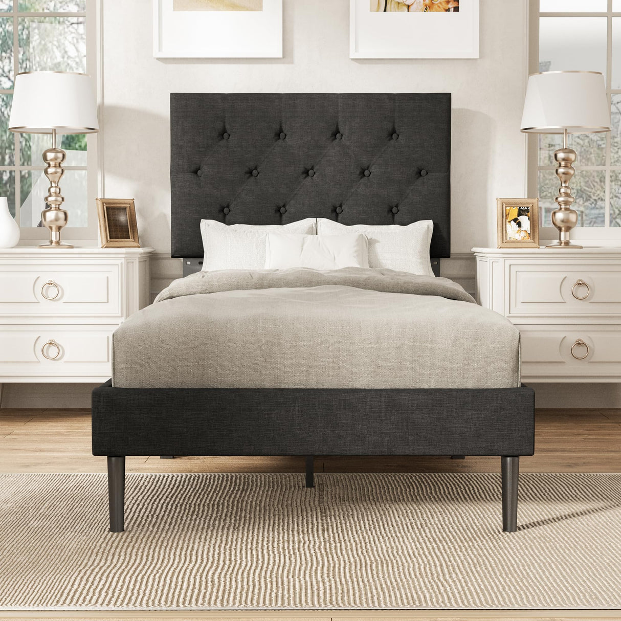 Twin Size Platform Bed Frame with Upholstered Headboard, Button Tufted Design, No Box Spring Needed, Dark Grey Sismplly