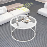 Round Glass Coffee Table for Living Room,Minimalist Modern Center Table with Metal Frame for Small Space,Easy Assembly,27 x 27In, White Easy Paws