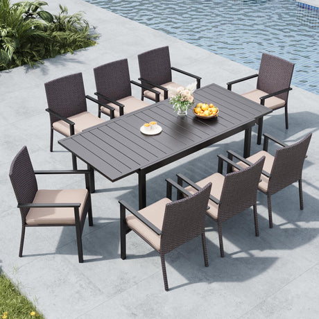 MFSTUDIO 9 Pieces Patio Dining Set, Patio Table and Chairs for 8, Outdoor Expandable Metal Table & Chairs with Cushions, Outdoor Rattan Dining Furniture Set for 8, Deck, Porch MFSTUDIO