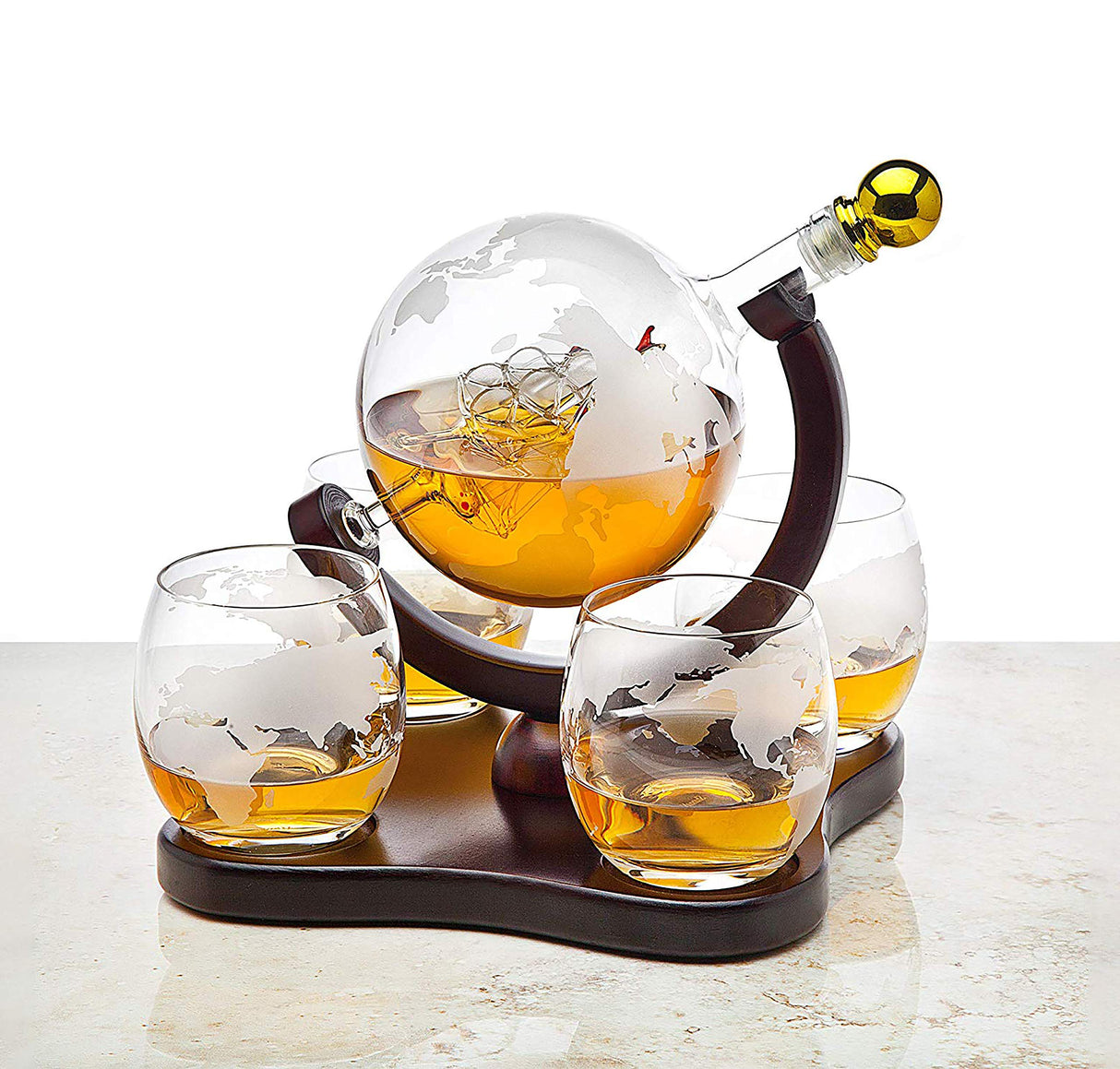 Attractive Home Bar Décor 5pc Whiskey/Wine Globe Decanter Set, World Etched Bottle with 4 Premium Glass Cups on Attractive Mahogany Wood Stand. - THE PERFECT PRESENT - Le'raze