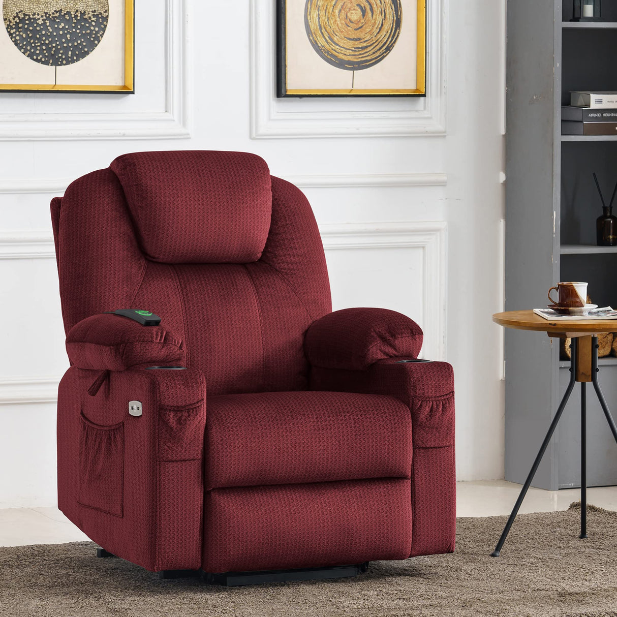 MCombo Power Lift Recliner Chair for Elderly, Lift Chair with Heat and Massage, USB&Type C Ports, Extended Footrest, Cup Holders, Fabric 7040 (Medium, Carmine Red) MCombo