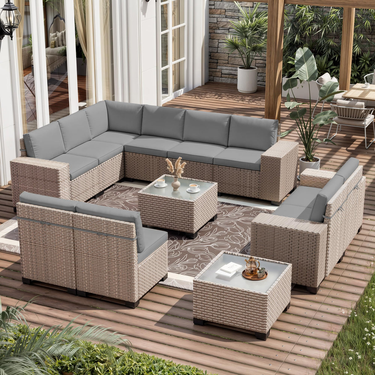 Aukreolis 12 Pieces Patio Furniture Set, Outdoor Sectional Wicker Sofa with Thickened Cushions and Coffee Table, High Back Rattan Patio Conversation Sets for Garden Backyard, Grey Aukreolis