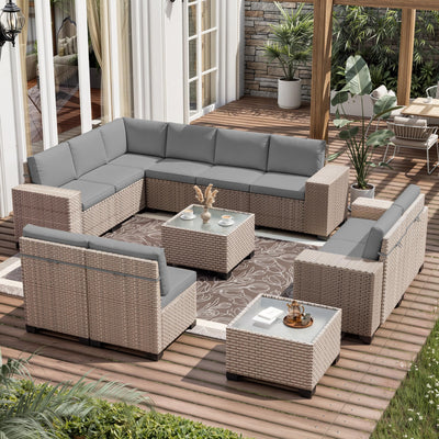 Aukreolis 12 Pieces Patio Furniture Set, Outdoor Sectional Wicker Sofa with Thickened Cushions and Coffee Table, High Back Rattan Patio Conversation Sets for Garden Backyard, Grey