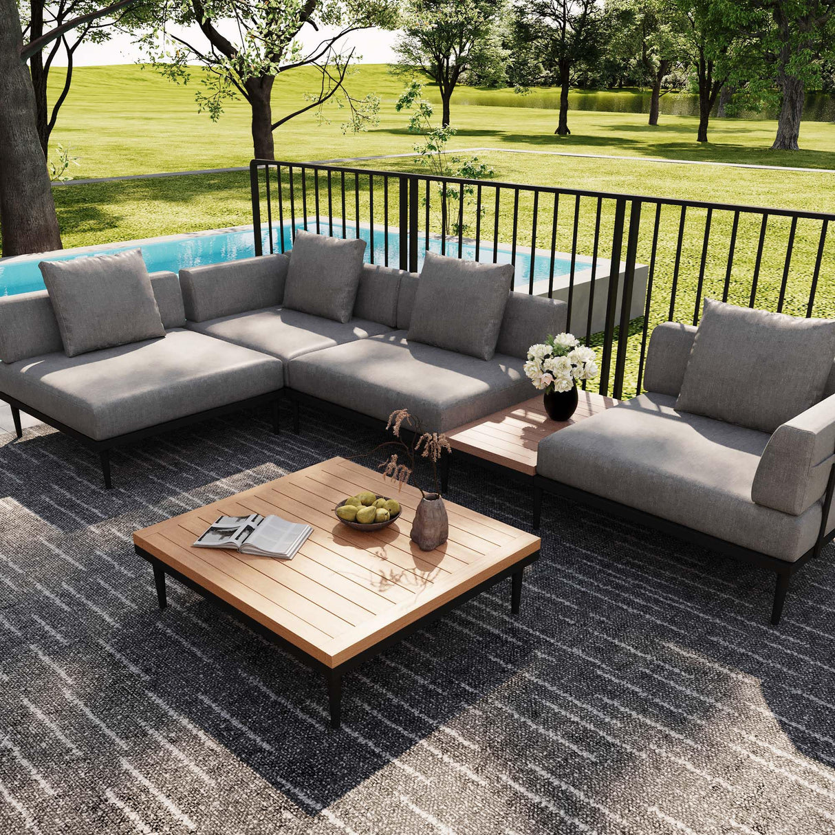Acanva Modular Outdoor Patio Sectional Sofa, All-Weather Free Combination L-Shaped Balcony Couch with Side Table, Grey, 4 Seater + 1 Side Table Acanva