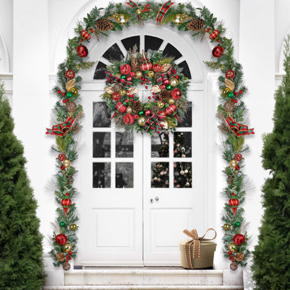 Valery Madelyn Pre-Lit Christmas Wreath for Front Door with Lights, 30 Inch Large Lighted Christmas Wreath with Red Green Gold Xmas Ball Ribbon for Fireplace Window Table Centerpiece Decoration