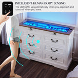 Lareth Farmhouse 6 Drawer Dresser for Bedroom 47 inch Wooden Double Chest of Drawers with Glass Top LED Lights Charging Station One Hidden Drawer Closet Dresser Tv Stand for Living Room, Antique White Lareth