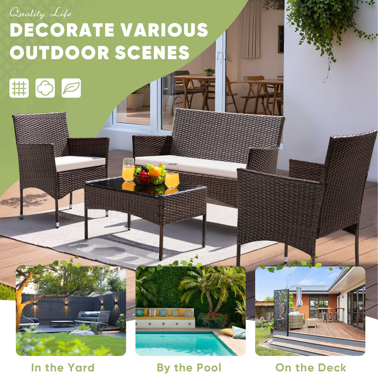 Greesum Patio Furniture 4 Pieces Conversation Sets Outdoor Wicker Rattan Chairs Garden Backyard Balcony Porch Poolside loveseat with Cushion and Glass Table, Brown and Beige Greesum