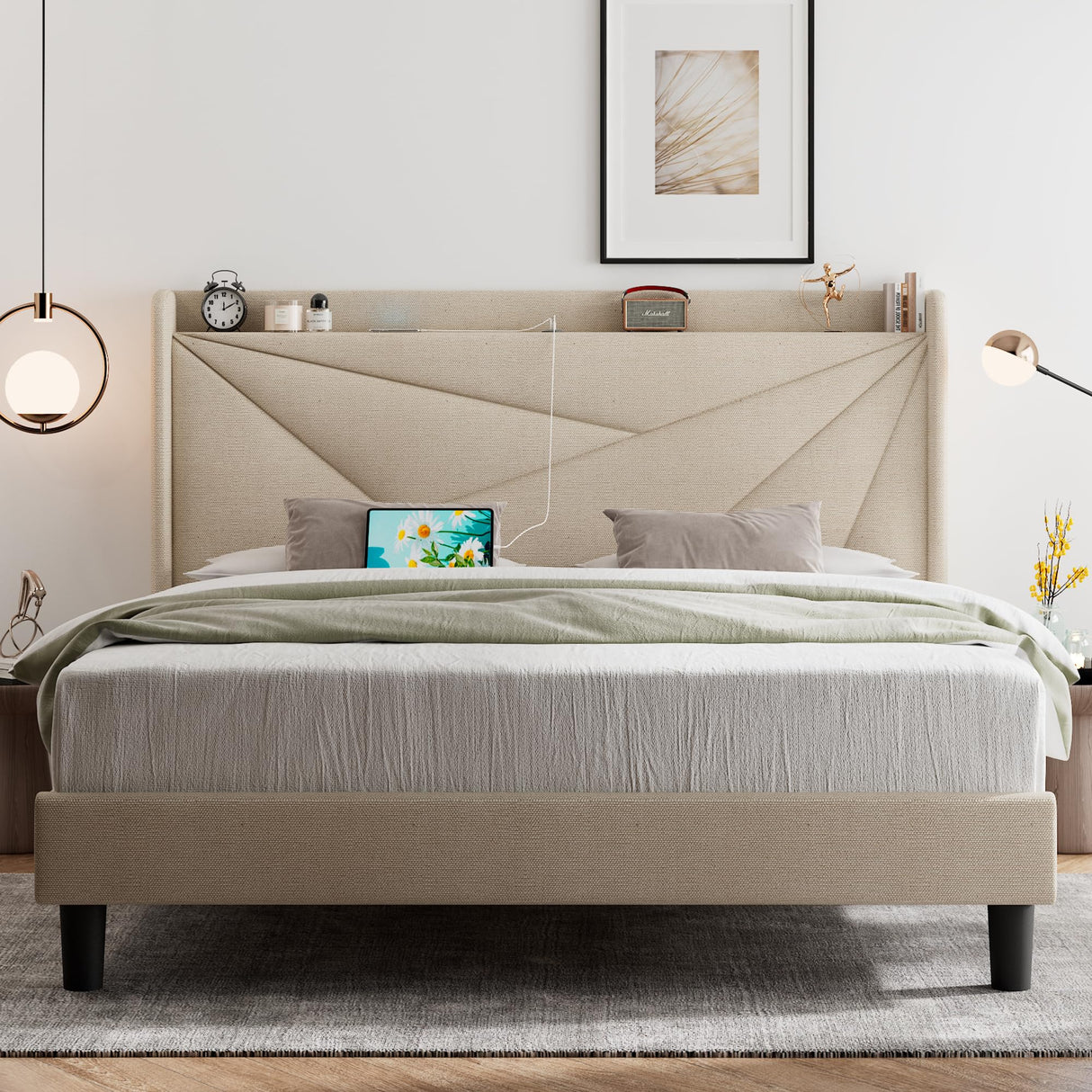 Feonase Queen Bed Frame with Charging Station, Upholstered Platform Bed Frame with Wingback Storage Headboard, Solid Wood Slats Support, No Box Spring Needed, Beige Feonase