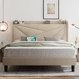 Feonase Queen Bed Frame with Charging Station, Upholstered Platform Bed Frame with Wingback Storage Headboard, Solid Wood Slats Support, No Box Spring Needed, Beige Feonase