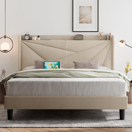 Feonase Queen Bed Frame with Charging Station, Upholstered Platform Bed Frame with Wingback Storage Headboard, Solid Wood Slats Support, No Box Spring Needed, Beige Feonase