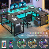 DWVO U Shaped Desk with Drawers, 79" Reversible L Shaped Desk with Power Outlets & LED Lights, Corner Computer Desk with Monitor Stand & Storage Shelves, Grey DWVO