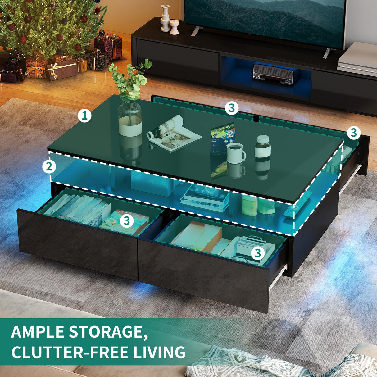 YITAHOME LED Coffee Table with Storage, High Glossy LED Coffee Tables for Living Room, Modern Black Rectangle Coffe Table, Small Center Table with Open Display Shelf & Sliding Drawers, Black YITAHOME