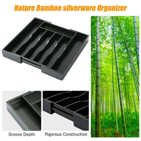 Bellsal Black Silverware Organizer Kitchen Drawer Organizer Expandable Bamboo Utensil Holder Cutlery Tray for Kitchen Utensil and Flatware Bedroom Office Bellsal