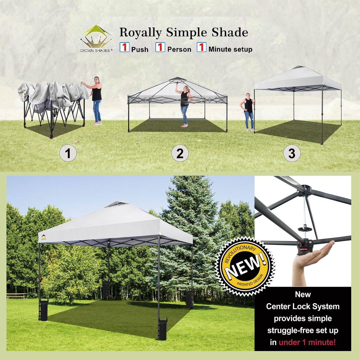 CROWN SHADES 10x10 Pop Up Canopy - Beach Tent with One Push Setup - Outdoor Canopy Tent with STO-N-Go Cover Bag for Events, Parties, Silver Coated Top, 3 Height & 4 Sand Bags, White