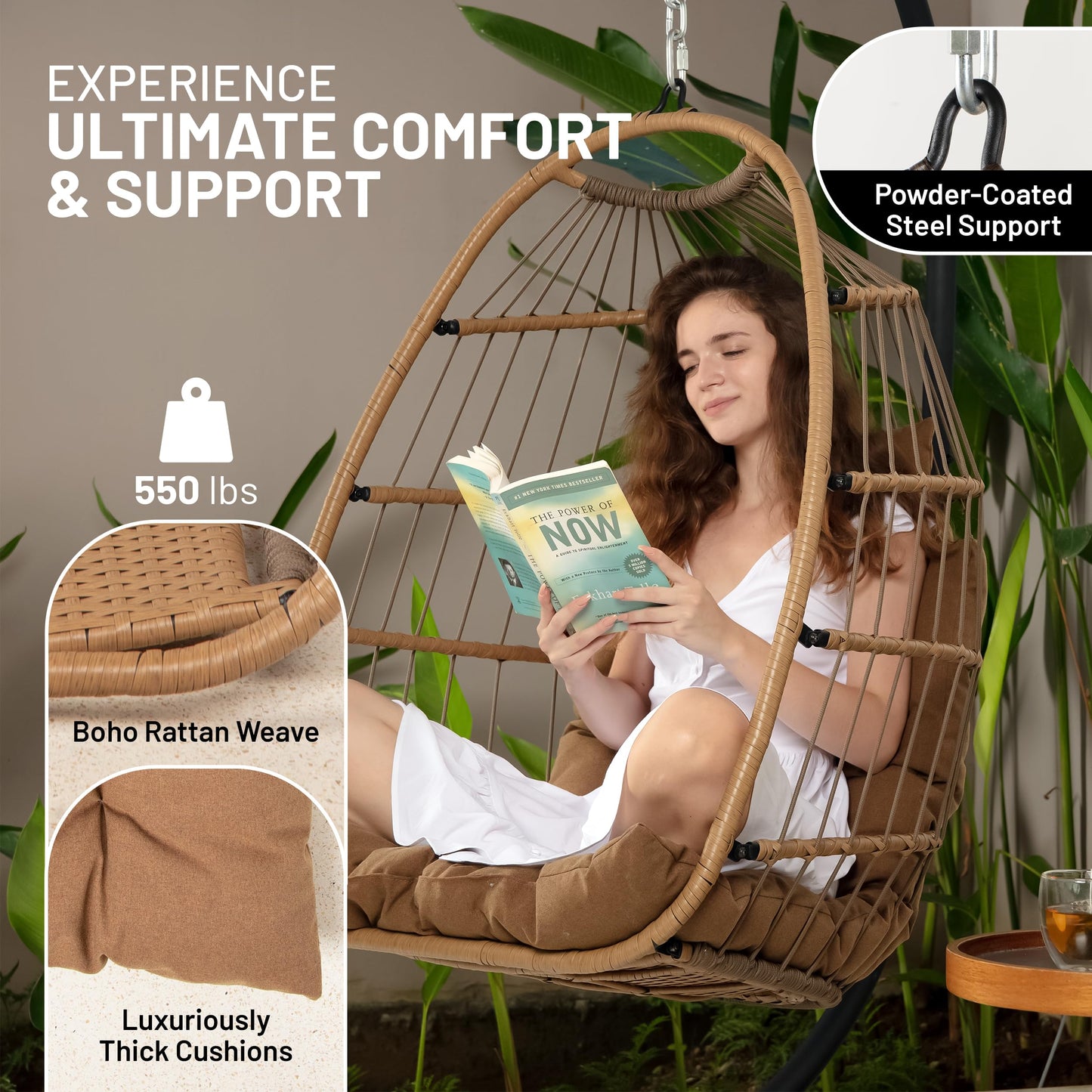 SereneLife Hanging Egg Chair with Stand - Up to 550 lbs of Capacity - Beautiful Swinging Basket Chair with Base Made from Wicker Rattan and Powder-Coated Steel Frame - Egg Swing Chair with Stand