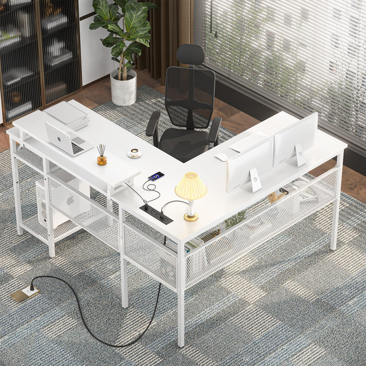 Unikito 55 Inch Reversible L-Shaped Desk with Power Outlets & Smart RGB LED Light - Elegant Corner Computer & Gaming Table in White Unikito