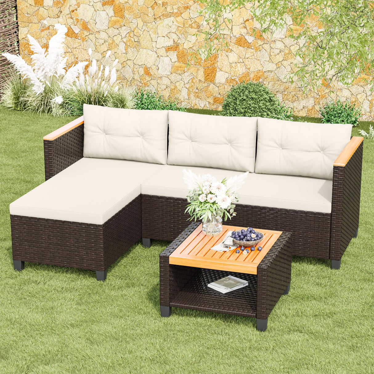 Green4ever 3-Piece Outdoor Patio Furniture Set, All-Weather PE Rattan Patio Sofa with Storage Table, L Shaped Outdoor Couch with Cushions, Small Patio Sectional for Balcony Garden, Beige Green4ever