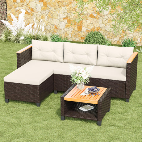 Green4ever 3-Piece Outdoor Patio Furniture Set, All-Weather PE Rattan Patio Sofa with Storage Table, L Shaped Outdoor Couch with Cushions, Small Patio Sectional for Balcony Garden, Beige Green4ever