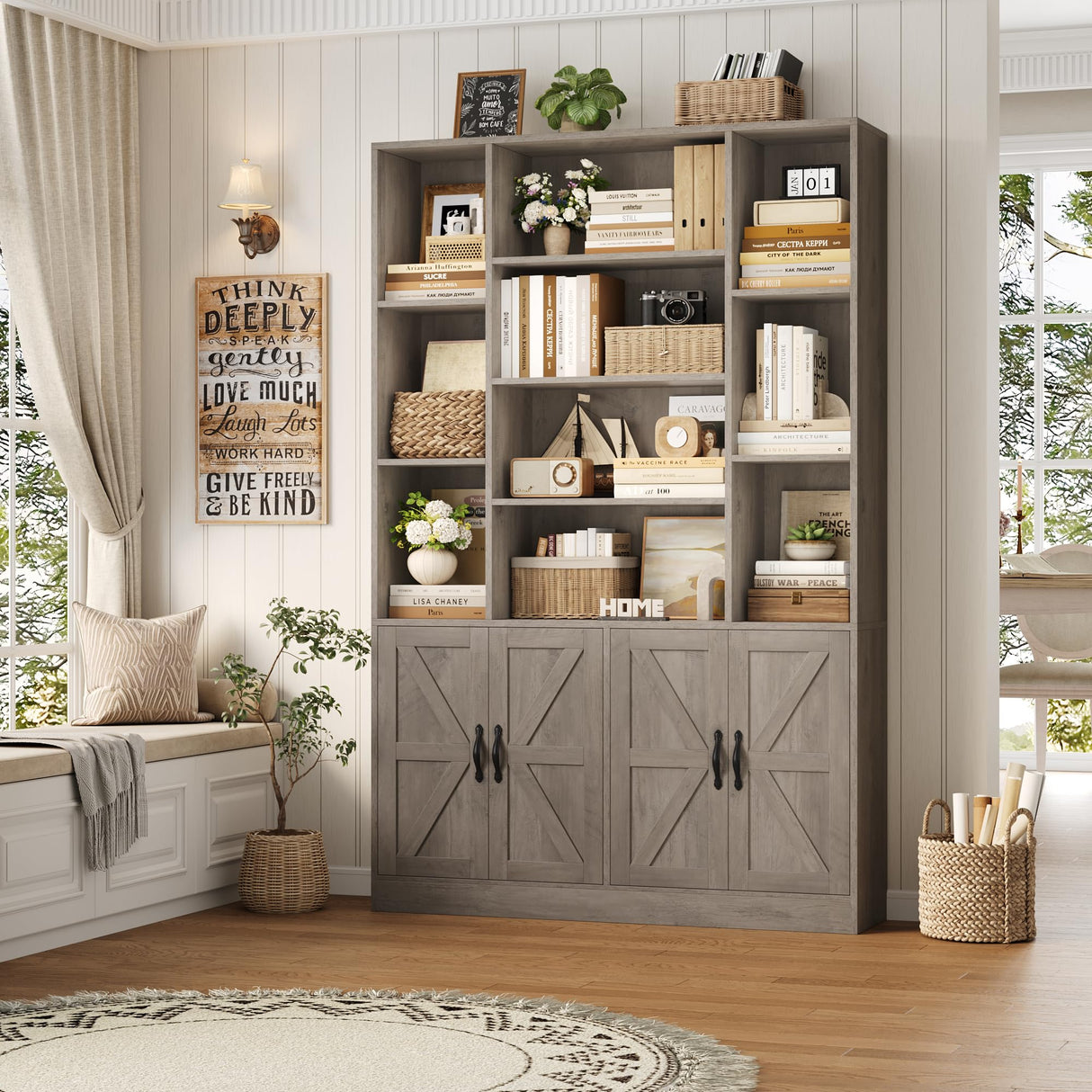 HOSTACK 75” Tall Book Shelf and Bookcase, Bookshelf with Storage Cabinet, 47” Wide Bookcase with 4 Doors, Standing Display Shelves, Modern Farmhouse Book Case for Living Room, Home Office, Ash Grey HOSTACK