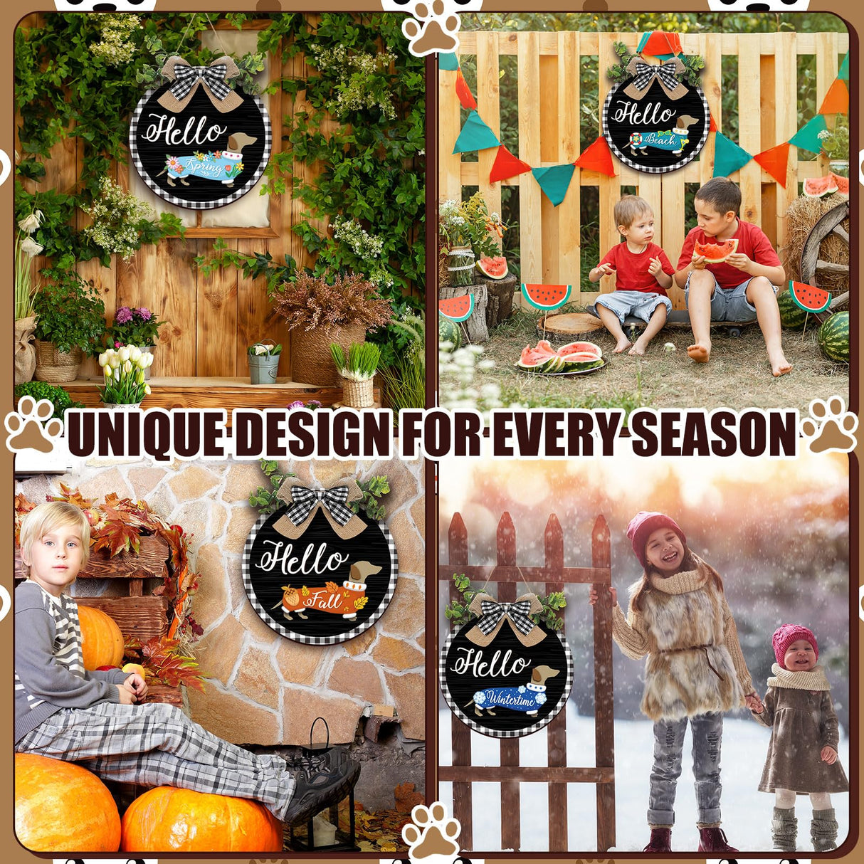 Glenmal 16 Pcs Seasonal Dachshund Door Decor for All Season and Holiday Hanging Cute Christmas Dachshund Welcome Sign Rustic Wooden Farmhouse Front Door Signs Outdoor(Black with Plaid Frame) Glenmal