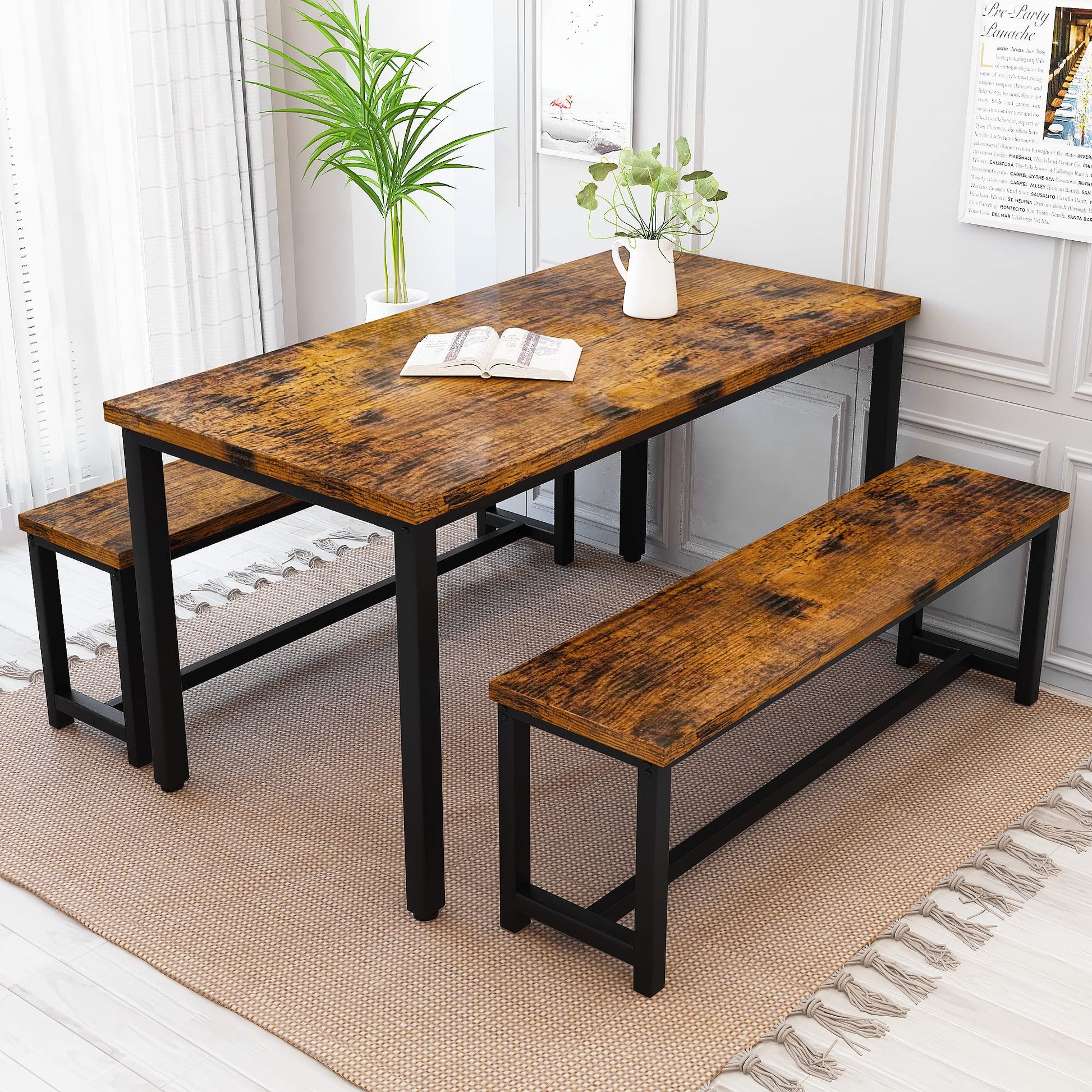 Recaceik Dining Table Set for 4 Kitchen Table Set with 2 Dining Benches, 3 Piece Farmhouse Dining Room Table Set Industrial Breakfast Nook Table Set for Small Space, Apartment, Rustic Brown - WoodArtSupply