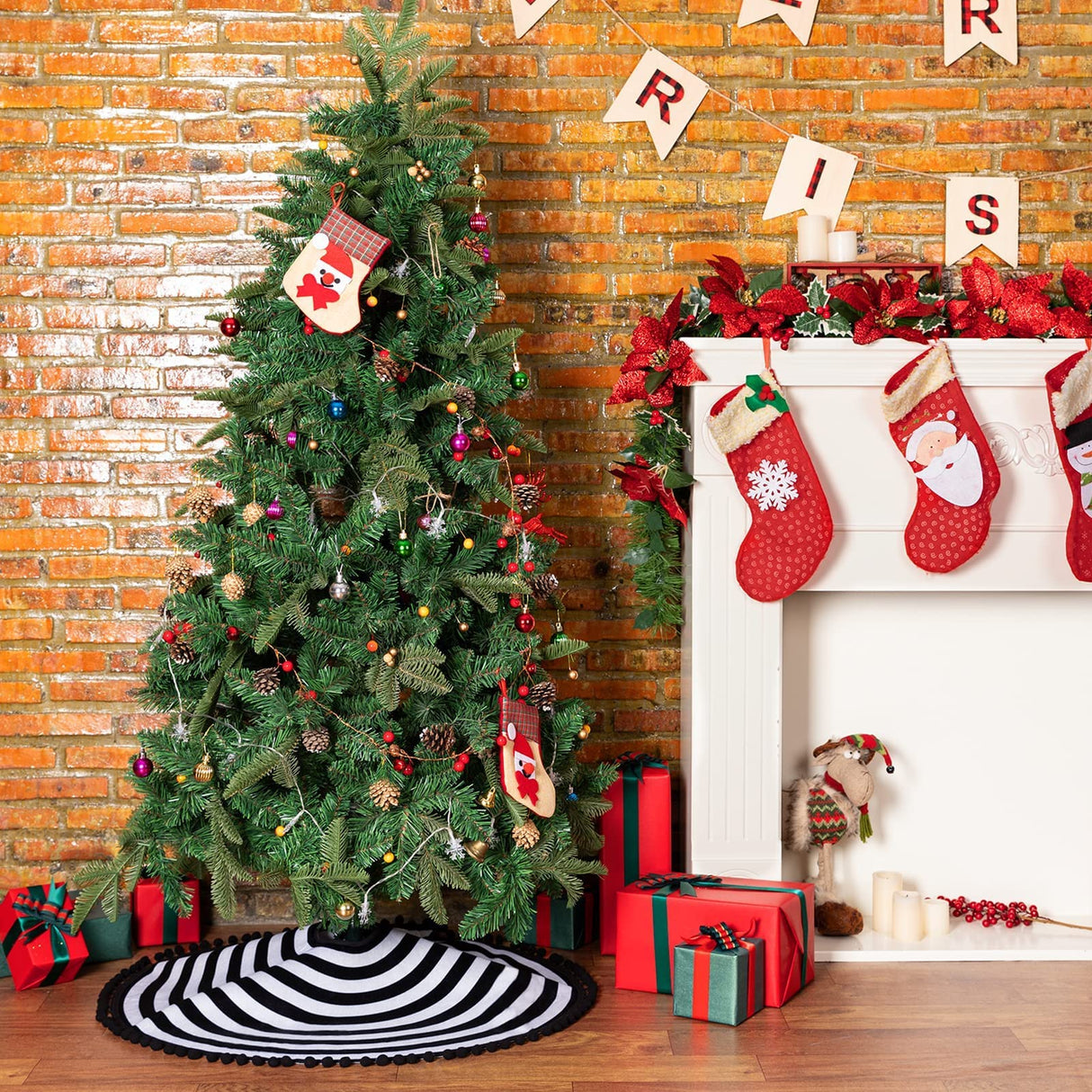 MACTING Christmas Black and White Tree Skirt, 30 Inch Annual Rings Tree Mat with Pom Poms for Xmas Tree Halloween Indoor Home Holiday Party Christmas Decorations MACTING