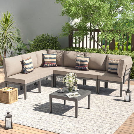 Kullavik Patio Furniture Set,7 Pieces Metal Modern Outdoor Furniture,Outdoor Sectional Sofa w/5.1" Cushions and Coffee Table for Patio,Backyard，Sand Kullavik