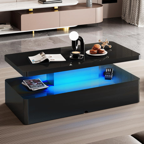 Spurgehom Contemporary Coffee Tables for Living Room, LED Coffee Table with Rounded Corner in 16 Colors, High Gloss 2 Tiers Table with Hidden Power Supply Spurgehom
