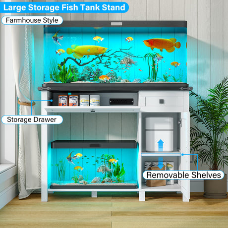 kepptory 40 Gallon Fish Tank Stand with Power Outlets, Farmhouse Decorative Aquarium Stand Furniture with Adjustable Shelves and Drawer, Reptile Turtle Tank Stand with Cabinet Storage (White, 30-40GL) kepptory