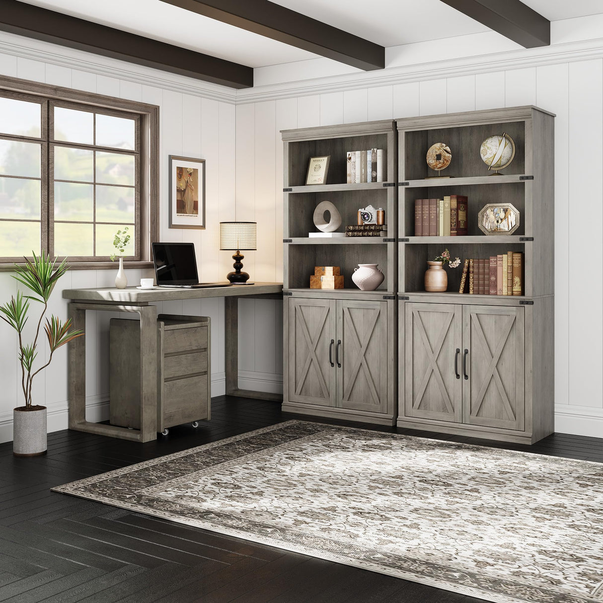 GarveeHome 5 Tier Book case with Cabinet, Farmhouse Book Shelf with Storage Doors, 68.7 in Tall Wooden 5 Shelf Case for Home Office, Living Room, Bed Room-(Grey, 68.7 in H x 31.5 in W x 12.9 in D) GarveeHome