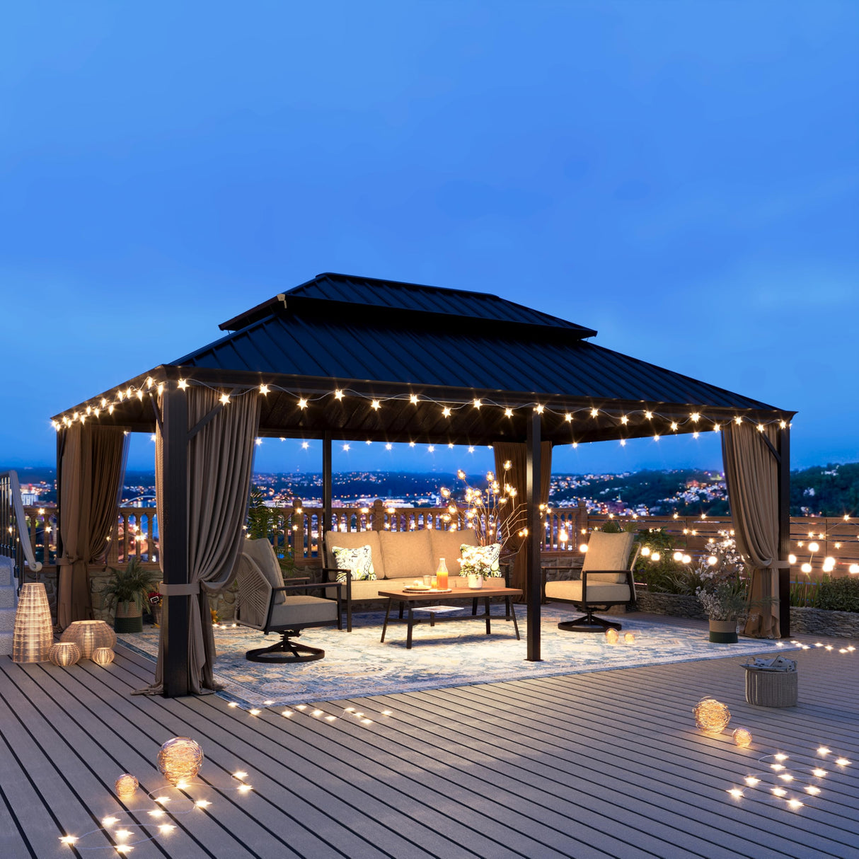 MIXPATIO 14' x 20' Hardtop Gazebo, Galvanized Steel Metal Double Roof Gazebo, Permanent Outdoor Metal Pavilion with Curtain and Netting for Deck, Backyard, Patio, Lawns MIXPATIO