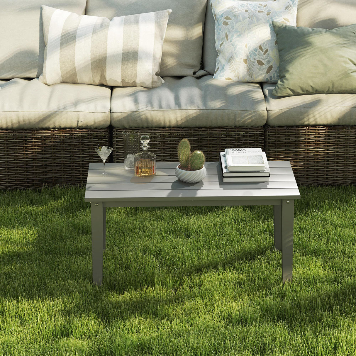 Outsunny HDPE Outdoor Coffee Table, All-Weather Rectangle Patio Coffee Table, Plastic Outdoor Patio Table with Slatted Tabletop for Garden, Balcony, Backyard, Gray Outsunny