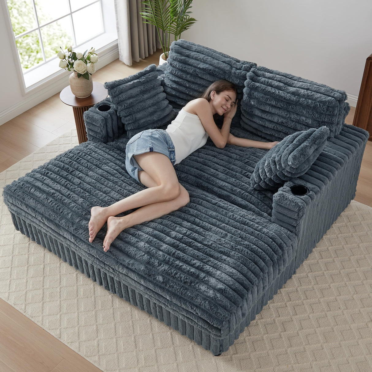 RARZOE 64'' Oversized Chaise Lounge Chair Indoor, Plush Faux Rabbit Fur Sleeper Sofa Bed with 4 Pillows, Charging Station & Cup Holders, Fluffy Comfy Cloud Couch Loveseat Sofa for Living Room,Grey RARZOE