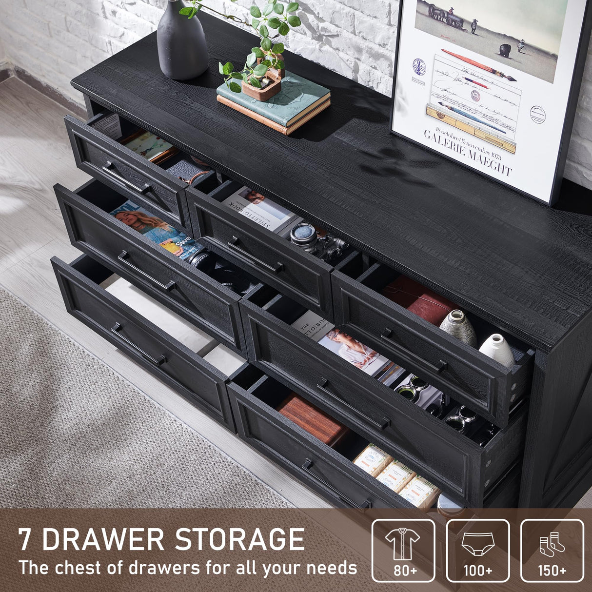 ACCOHOHO 7 Drawer Dresser, 52" Farmhouse Chest of Drawers for Bedroom, Wide Dresser TV Stand with Large Metal Handle, Modern Wood Drawer Organizer for Living Room, Hallway, Closet - Black ACCOHOHO