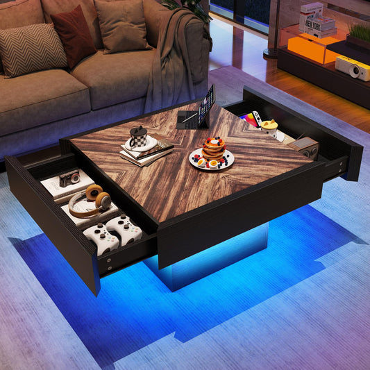 YITAHOME Farmhouse Coffee Tables Square Coffee Table for Living Room Wood LED Coffee Table with Storage Modern Living Room Tables with 2 Drawers, Black and Brown