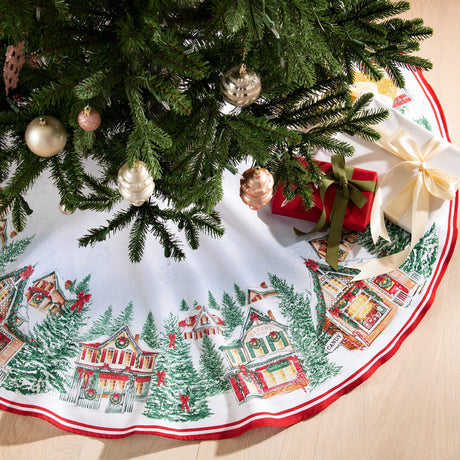 Elrene Home Fashions Storybook Christmas Village Nostalgic Holiday Round Tree Skirt Decoration, 48" W x 48" L, Multicolor Elrene