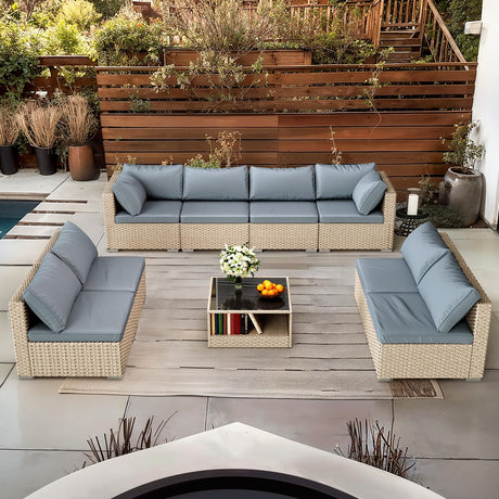 9-Piece Patio Furniture Set, Outdoor Wicker Conversation Set Sectional Sofa with Waterproof Thick Cushions and Coffee Table, Grey Earth patio