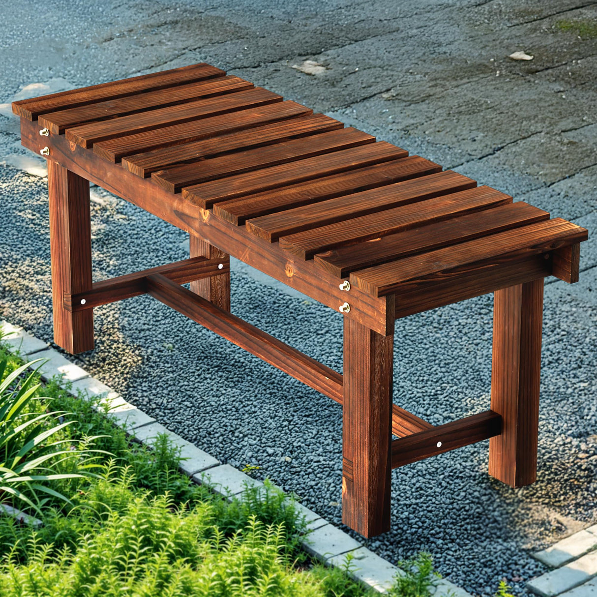 Outdoor Garden Bench, Weatherproof Patio Benches 2-Person Seat Backless Wooden Porch Bench, Multifunctional Slat All Weather Bench for Garden Lawn Porch Park Backyard (Carbonized Brown, 35.5 inch) Nidouillet