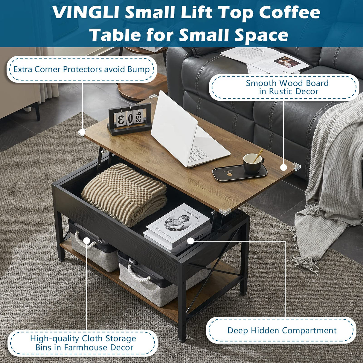 VINGLI 36" Lift Top Coffee Table with Free Cloth Storage Bins, Rustic Framhouse Black Coffee Table for Living Room, Small Modern Coffee Table for Small Space in Minimalistic Style, Black VINGLI