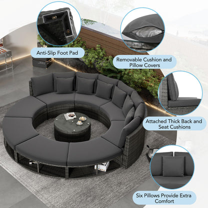 Merax 9-Pieces Outdoor Wicker Patio Conversation Furniture Set with Glass Table and 6 Pillows, Circular Sectional Sofa Conversation Set,Outdoor Patio Seating Sofas Set Grey - WoodArtSupply