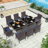 Trumbeak 10 Piece Outdoor Dining Set,Rattan Patio Conversation Set of 8 Chairs,Patio Dining Table and Chairs w/Cushions,Square Glass Tabletop,Umbrella Cutout for Patio,NavyBlue Trumbeak