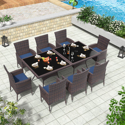 Trumbeak 10 Piece Outdoor Dining Set,Rattan Patio Conversation Set of 8 Chairs,Patio Dining Table and Chairs w/Cushions,Square Glass Tabletop,Umbrella Cutout for Patio,NavyBlue