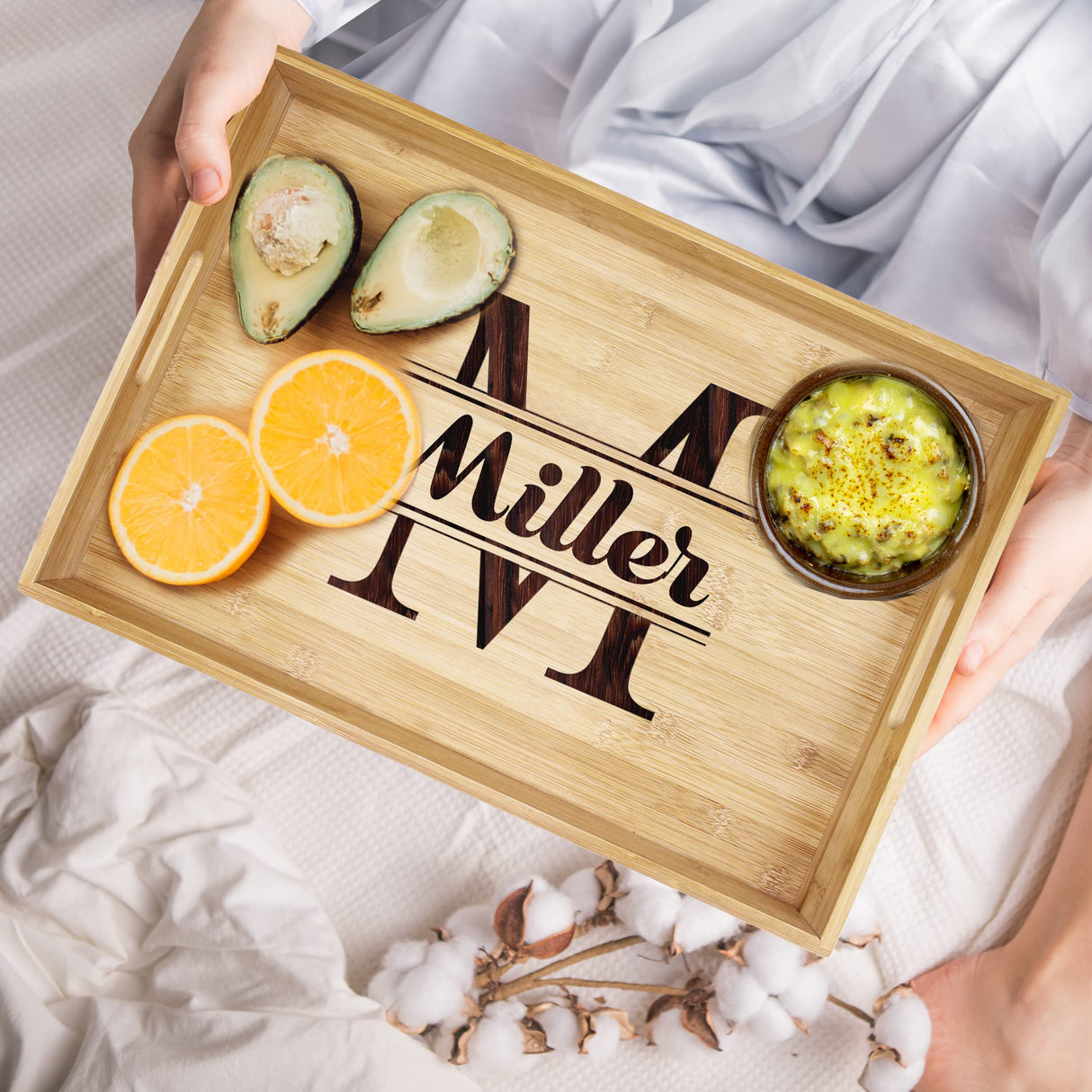 Premium Monogrammed Bamboo Wood Serving Tray with Handles - Personalized and Custom Engraved for Free The Wedding Party Store