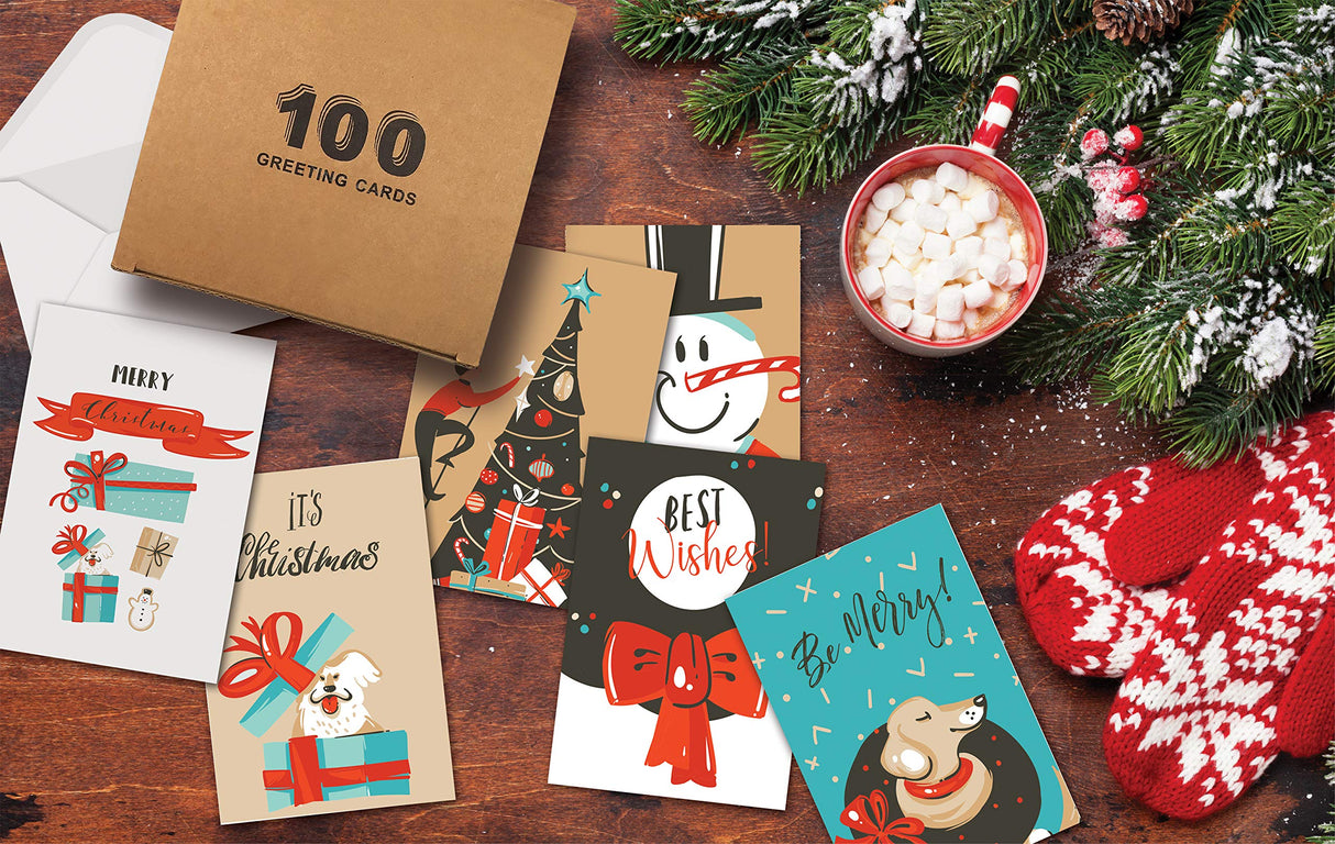Better Office Products Christmas Holiday Greeting Card Set, 100 Pack, 4 x 6 Inch, 12 Assorted Custom Illustrative Designs, Blank Inside, Complete with Envelopes, 100 Christmas Cards Set Better Office Products