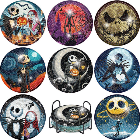 8 Pcs Halloween Diamond Painting Coasters Kits for Adults Beginners, DIY Horror Skull Diamond Art Coasters with Holder, Full Drill Rhinestone Painting Coaster Kits for Supplies Gifts 4X4 Inch. MBNTJHT