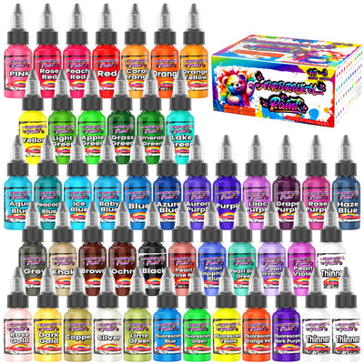 Airbrush Paint Set, 45 Brilliant Colors Air Brush Painting Set with 3 Paint Thinners, Water-Based Acrylic Air Brush Paint for Plastic Models, Metal, Canvas, Wood - 48 Bottles x 0.7 fl oz(20 ml)