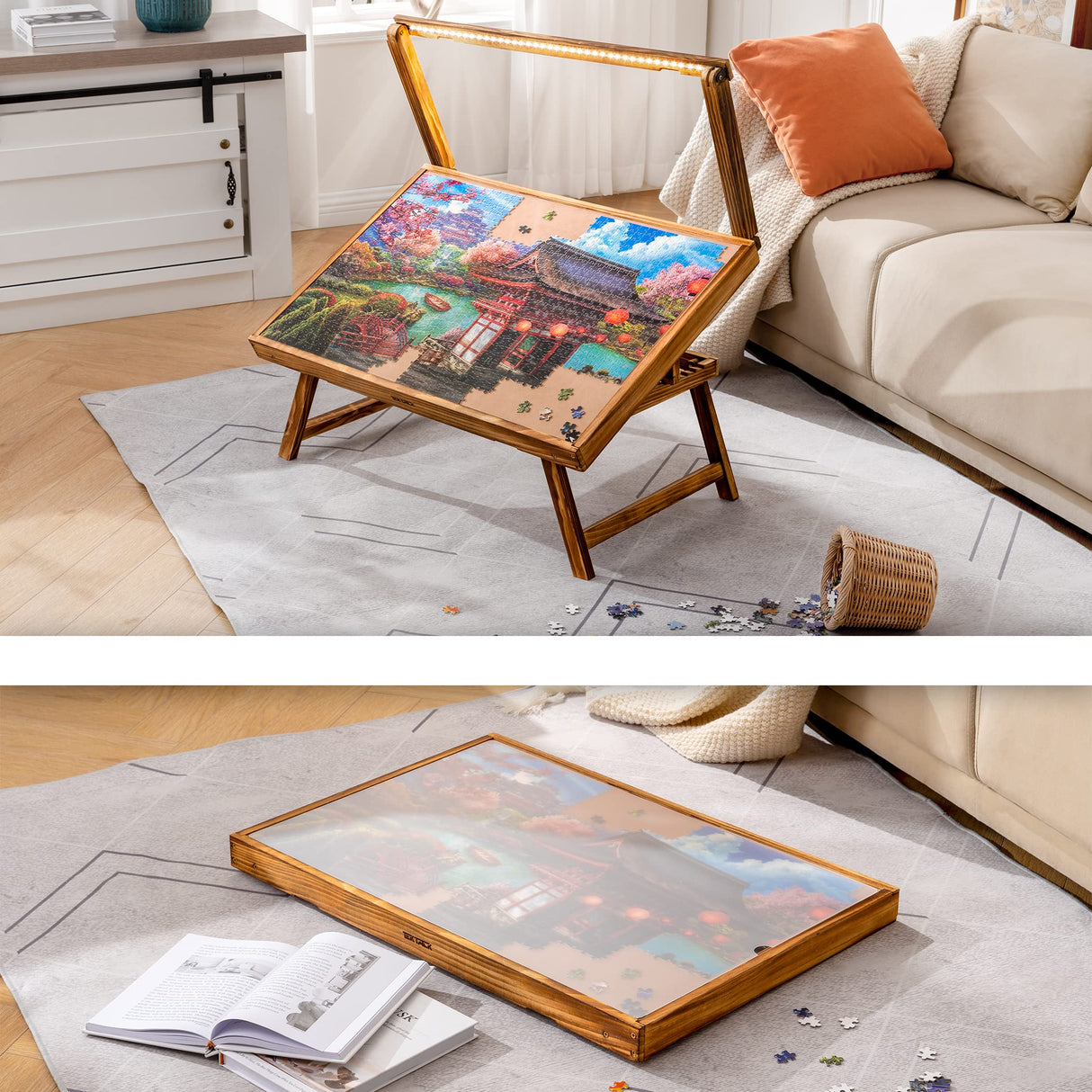 Tektalk Jigsaw Puzzle Table with LED Light, Jigsaw Puzzle Board with Folding Legs and Cover, Wooden Plateau with 5 Adjustable Angles, for Puzzle Storage, for Up to 1000 Pieces Tektalk